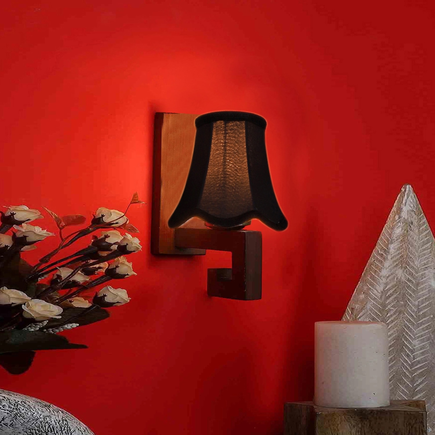Devansh Wood Wall Mounted Lamp With Black Cotton Shade - Devansh