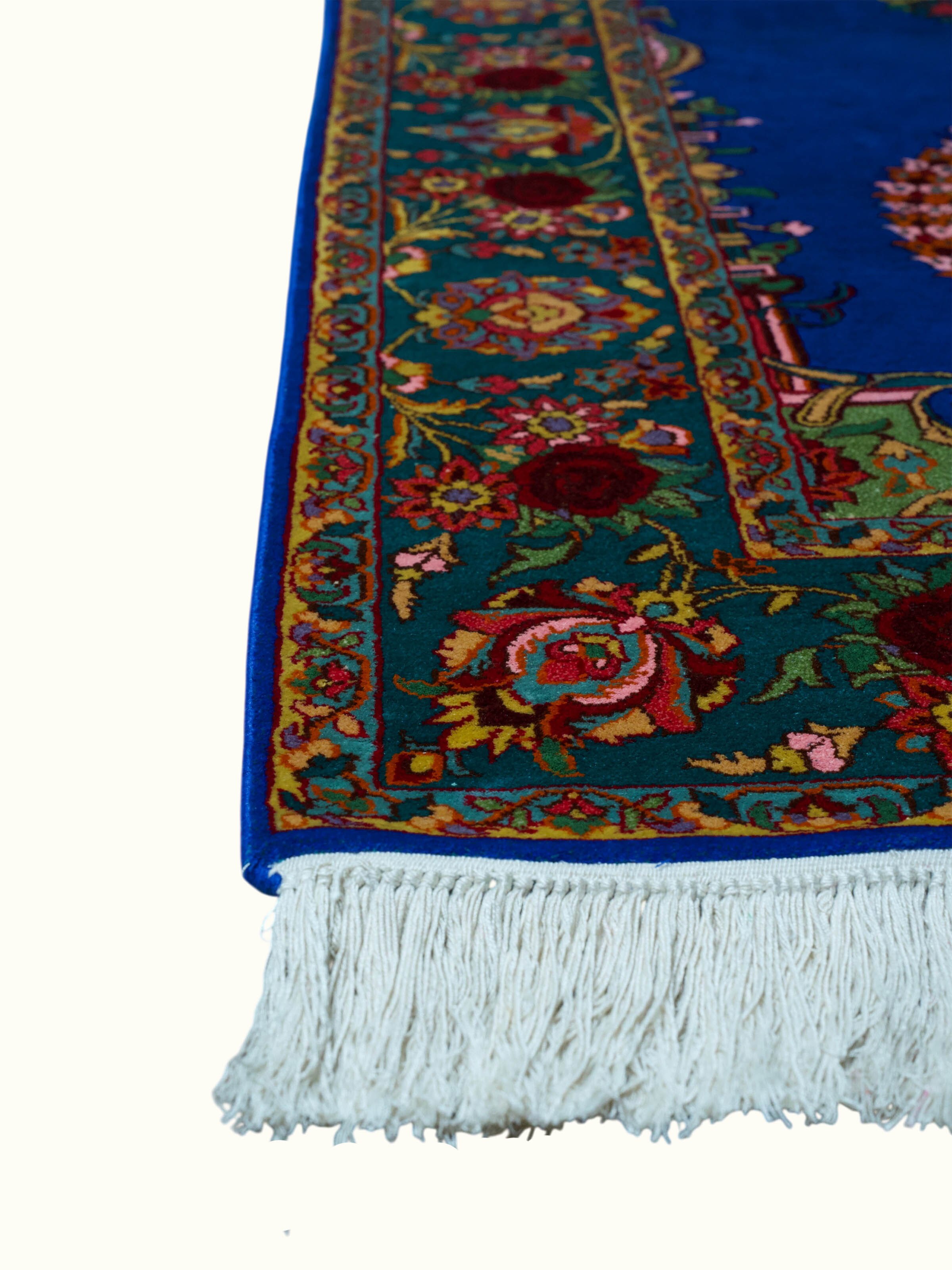 Traditional Persian Blue Guldani Kashmir Silk Hand-Knotted Carpet