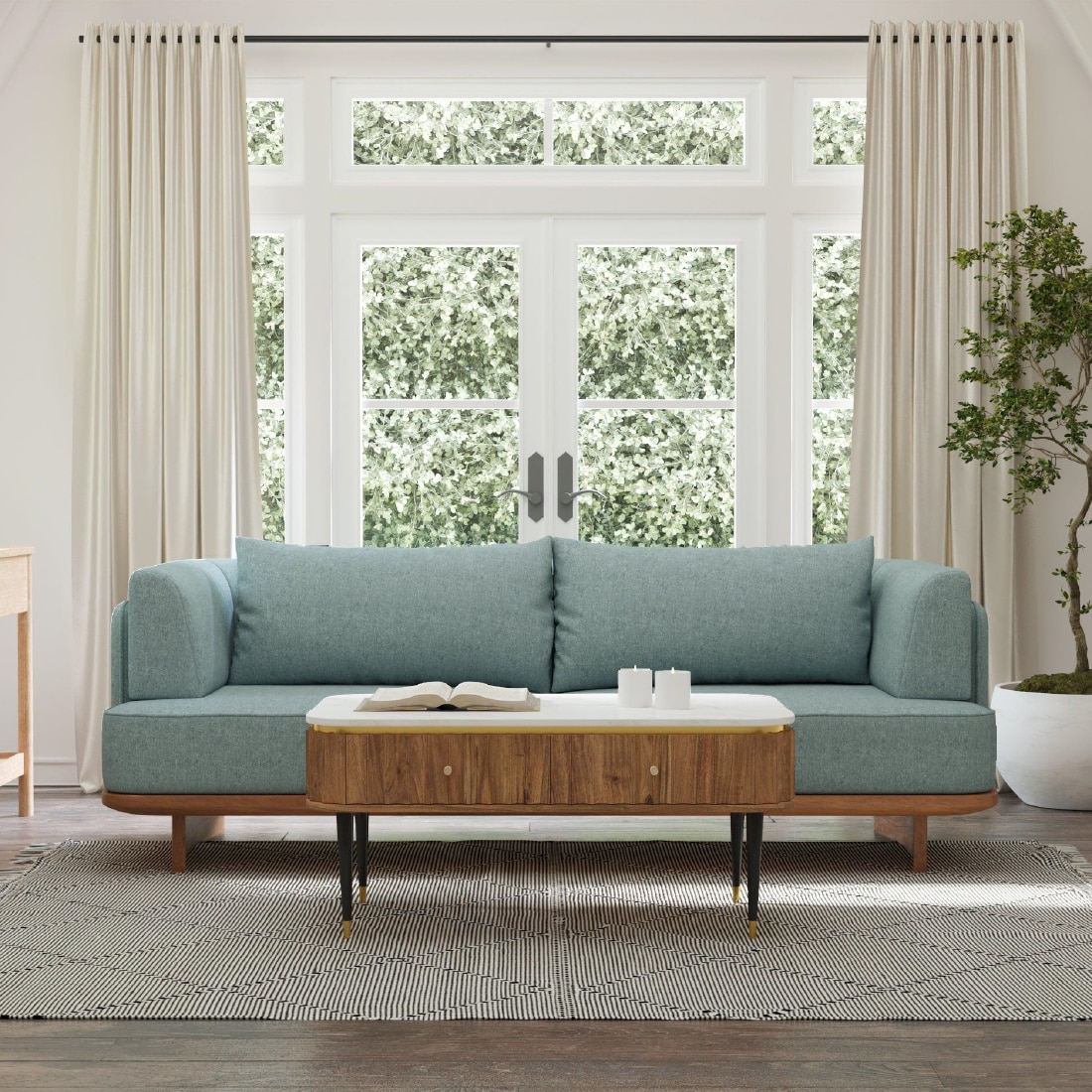 Anish Solid Wood Three Seater Sofa in Blue Colour - Orange Tree