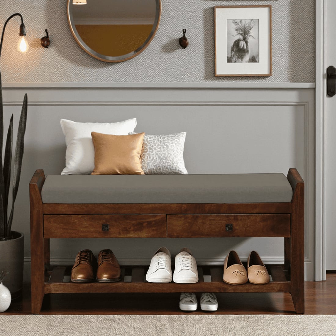 Kongsberg Solid Wood Shoe Rack with Seating in Walnut Brown finish