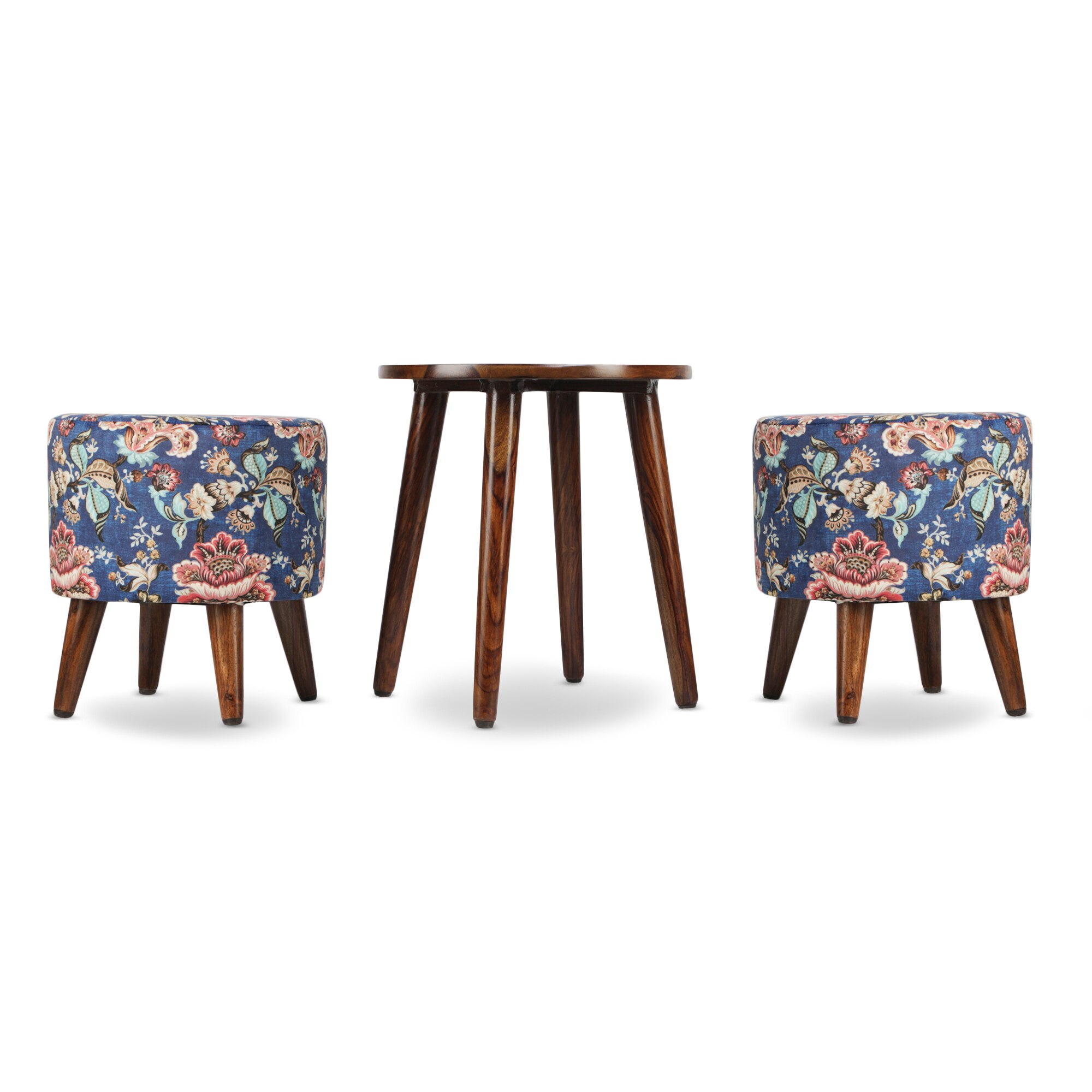 Josiah Solid Wood  Ottomon in  Blue Colour