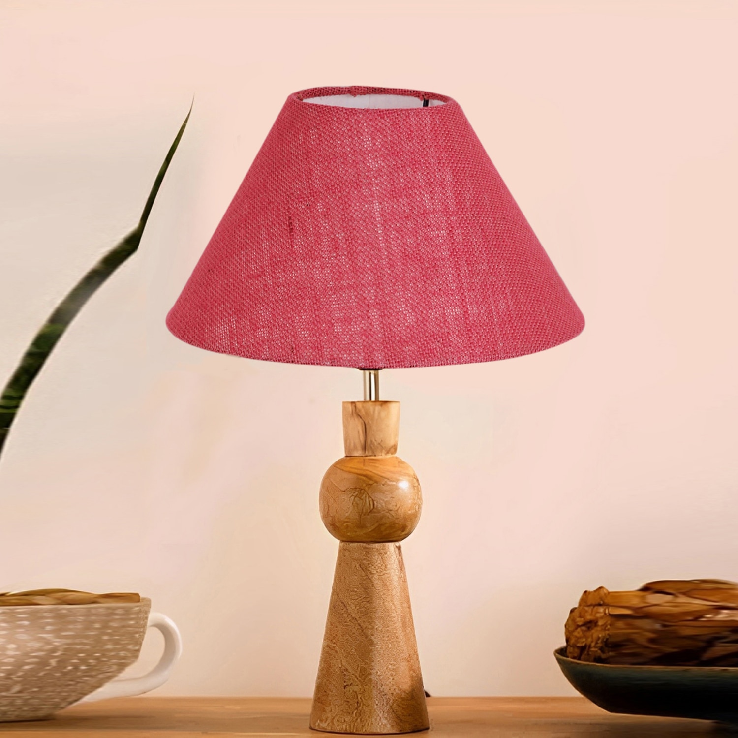 Devansh Pink Jute Table Lamp With  Wood Natural Base (10X18 Inches)-35