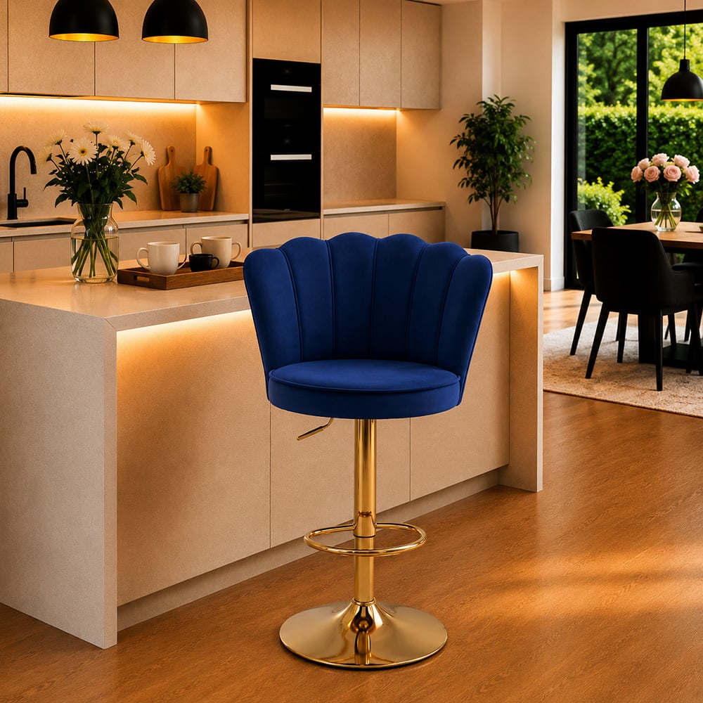 Doe Buck Luxury Blue Velvet Adjustable Bar Stool Chair with Gold Hydraulic Base - Doe Buck