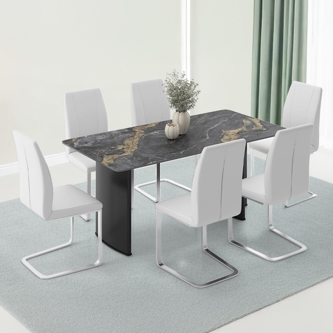 Rosen 6 Seater Ceramic Dining Table With 6 Seneca Dining Chairs (Finish : Black, Chair Colour : White)