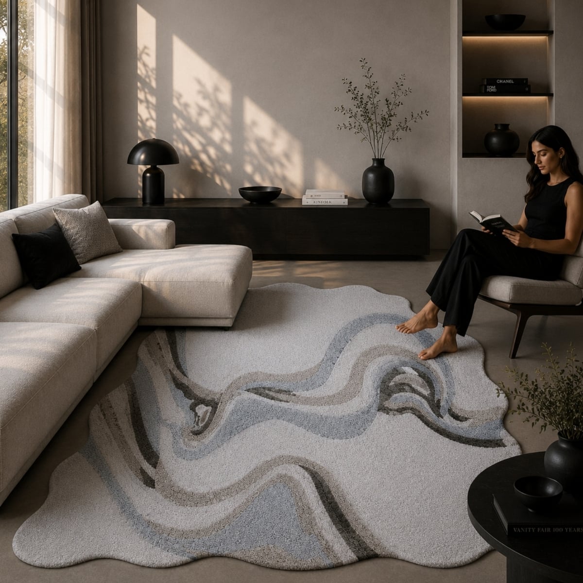 Handmade Wool Silk Shaped Rug Modern Wave Beige 10 x 14 Feet Carpet - NEU LOOMS