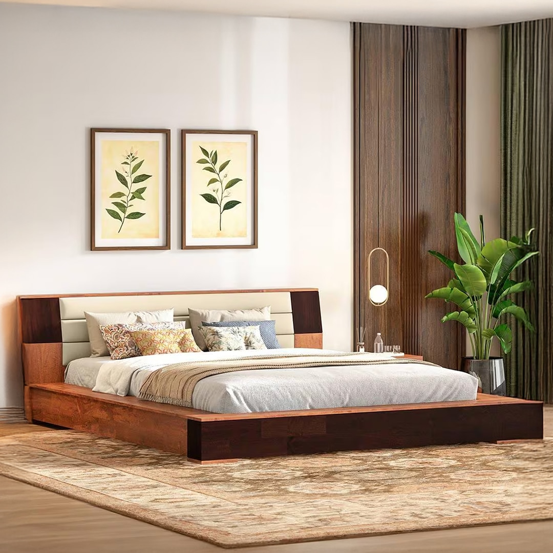 Mahe Solid Wood King Size Bed In Dual Tone With Ancient Ivory Leatherette