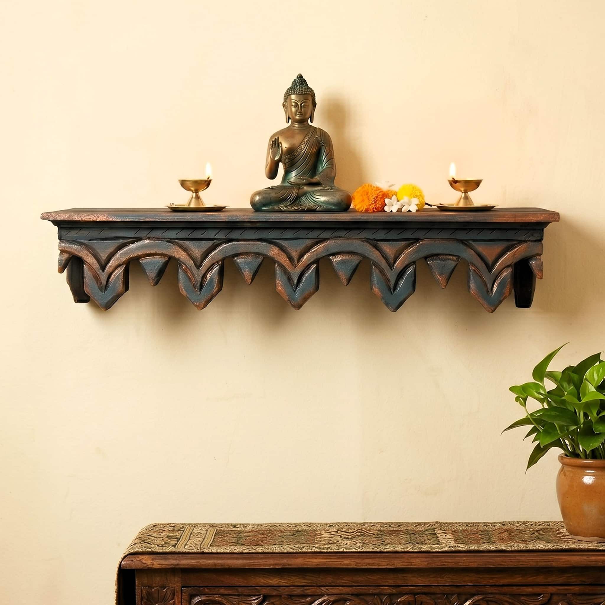 Multishade Colour Solid Wood Handcarved Vistara Floating Wall Shelf with distres finish by DisooFashions - Disoo Fashions