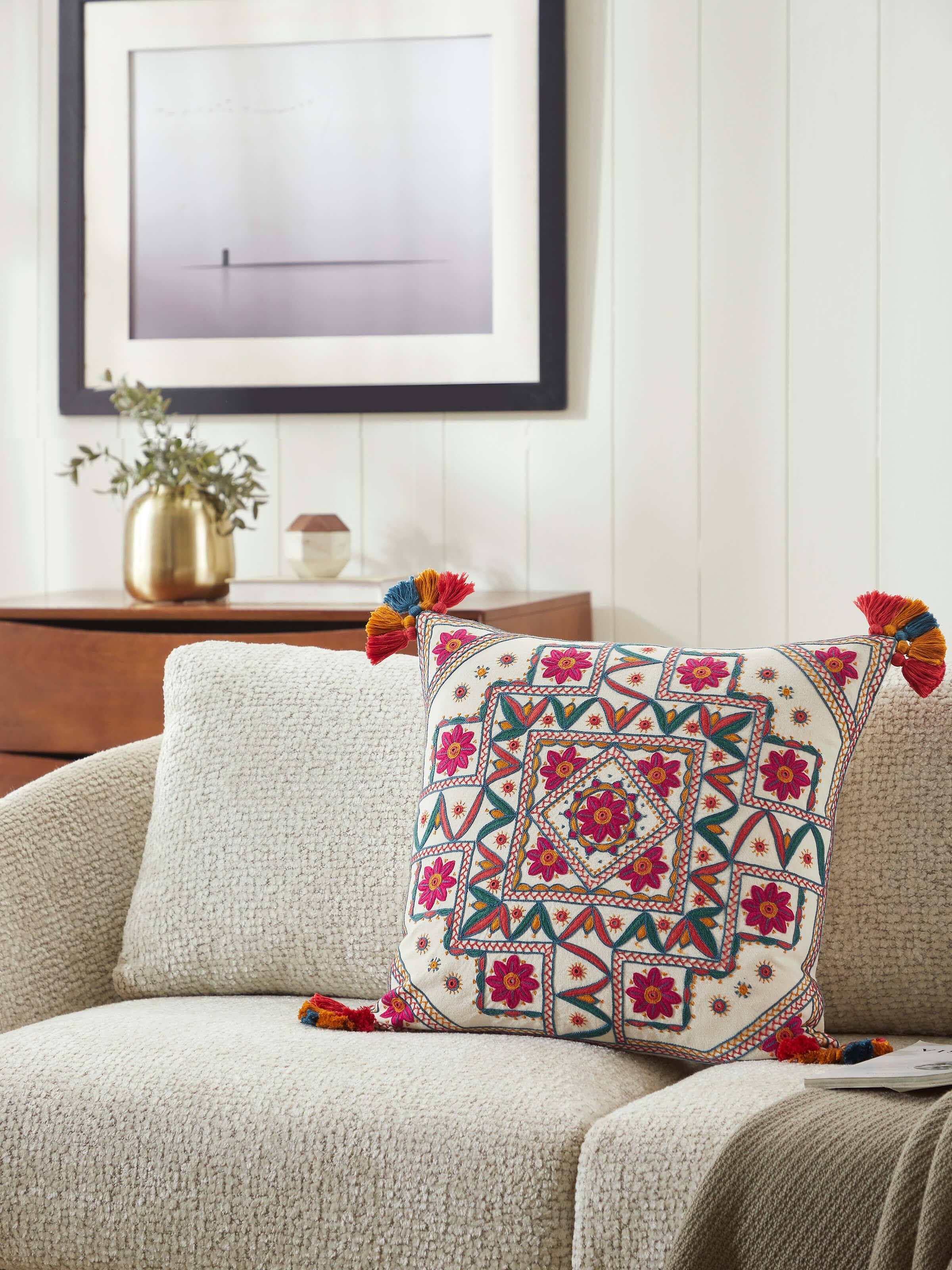 Varna Pink Mandala Cotton Pakko Hand Embroidered Cushion Cover