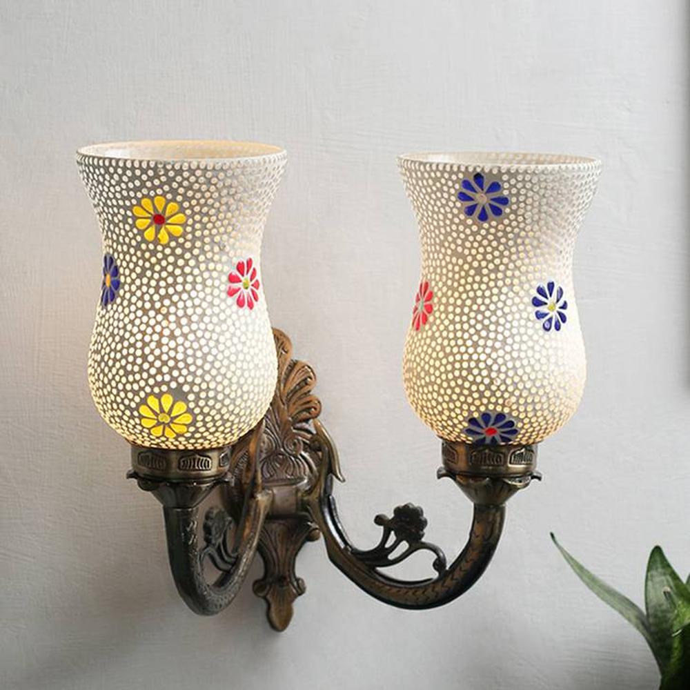 Sophia Antique Metal Double Wall Mounted Lamp with Multicolor Mosaic Glass