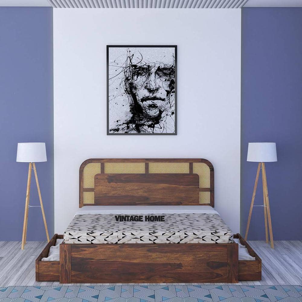Sunburst Ratan Solid Wood Queen Size Storage Bed