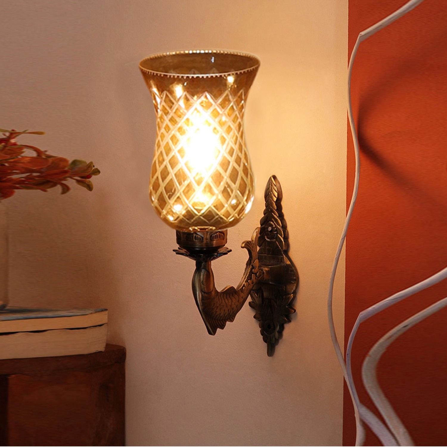 Devansh Metal Electric Wall Light in Antique gold Colour with Lavender Shade Count of 1 Light - Devansh