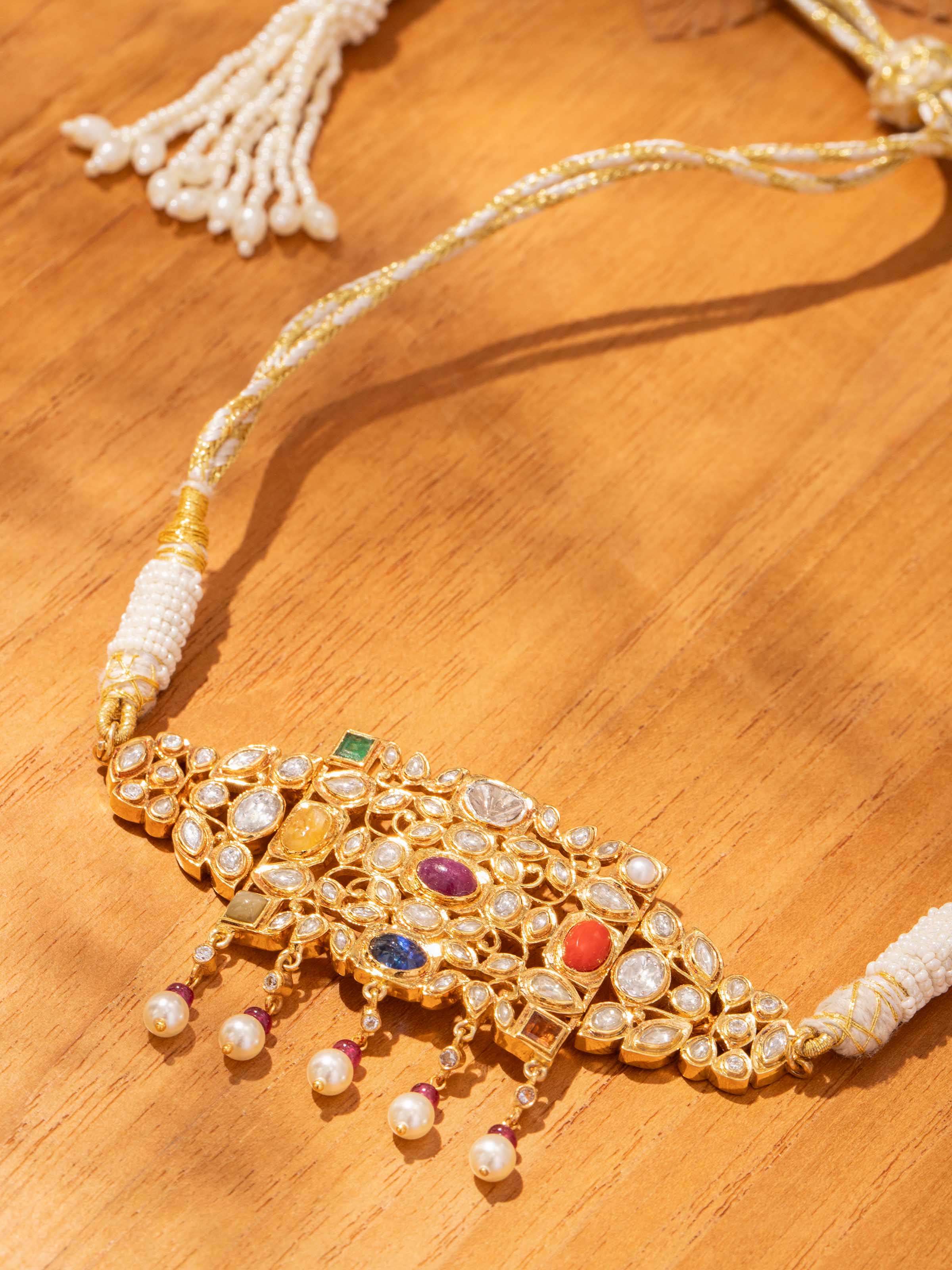 Side view of Navratna silver choker necklace