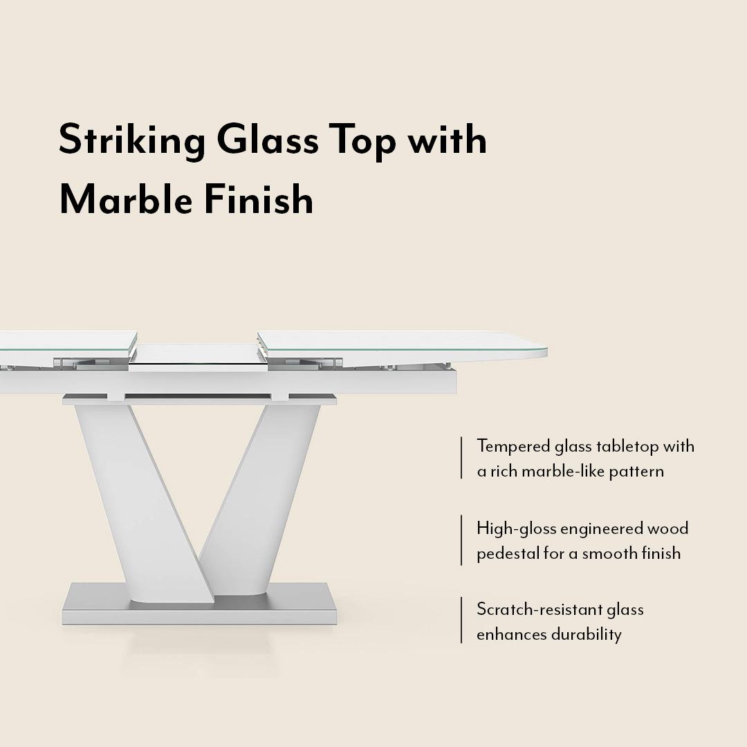 Caribu Glass 4 To 6 Seater Extendable Dining Table In White High Gloss Finish