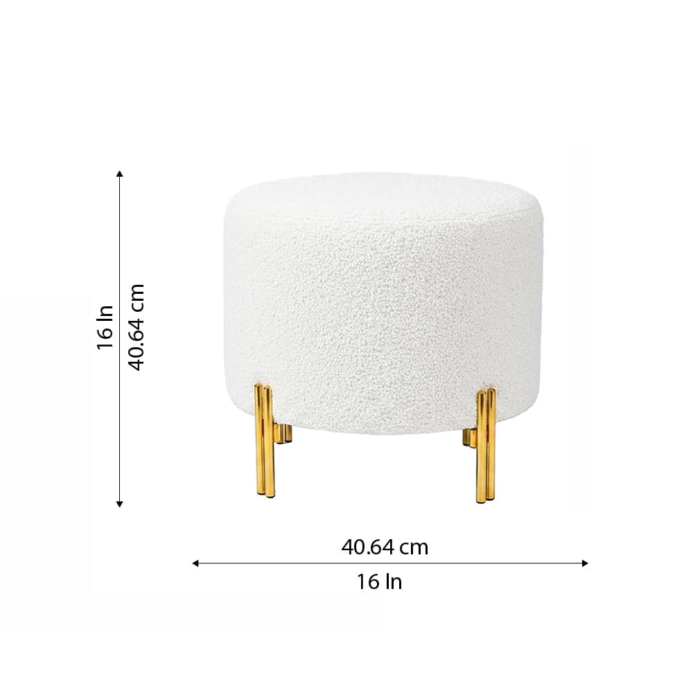 Doe Buck Premium Boucle Round Ottoman in Matte White Colour with Polished Gold Legs - Doe Buck
