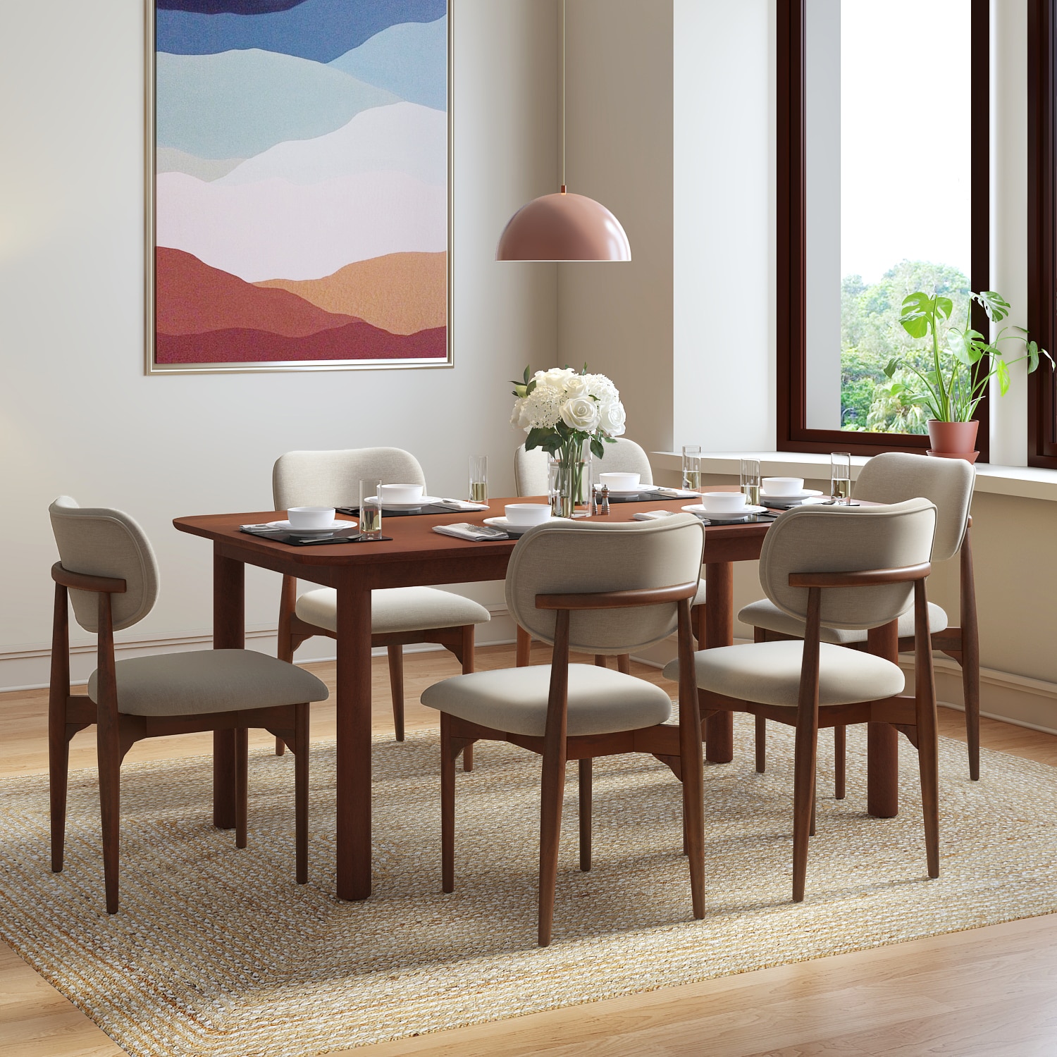 Dane Solid Wood Dining Table 6 Seater with 6 Oille Solid Wood Dining Chairs (Finish: Honey, Colour: Oyester Beige) - Urban Ladder