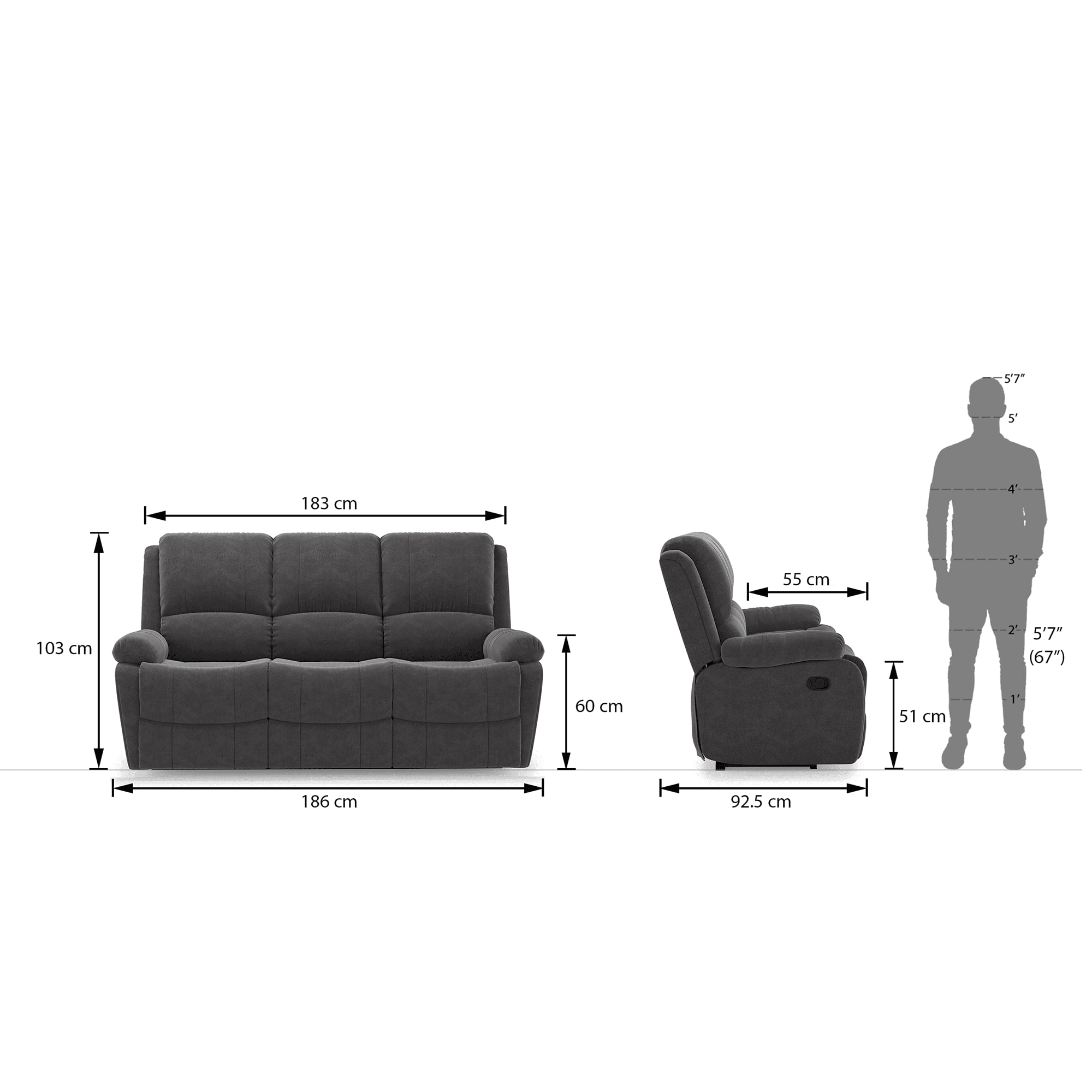 Lebowski Fabric Three Seater Manual Recliner in Smoke Fabric Colour