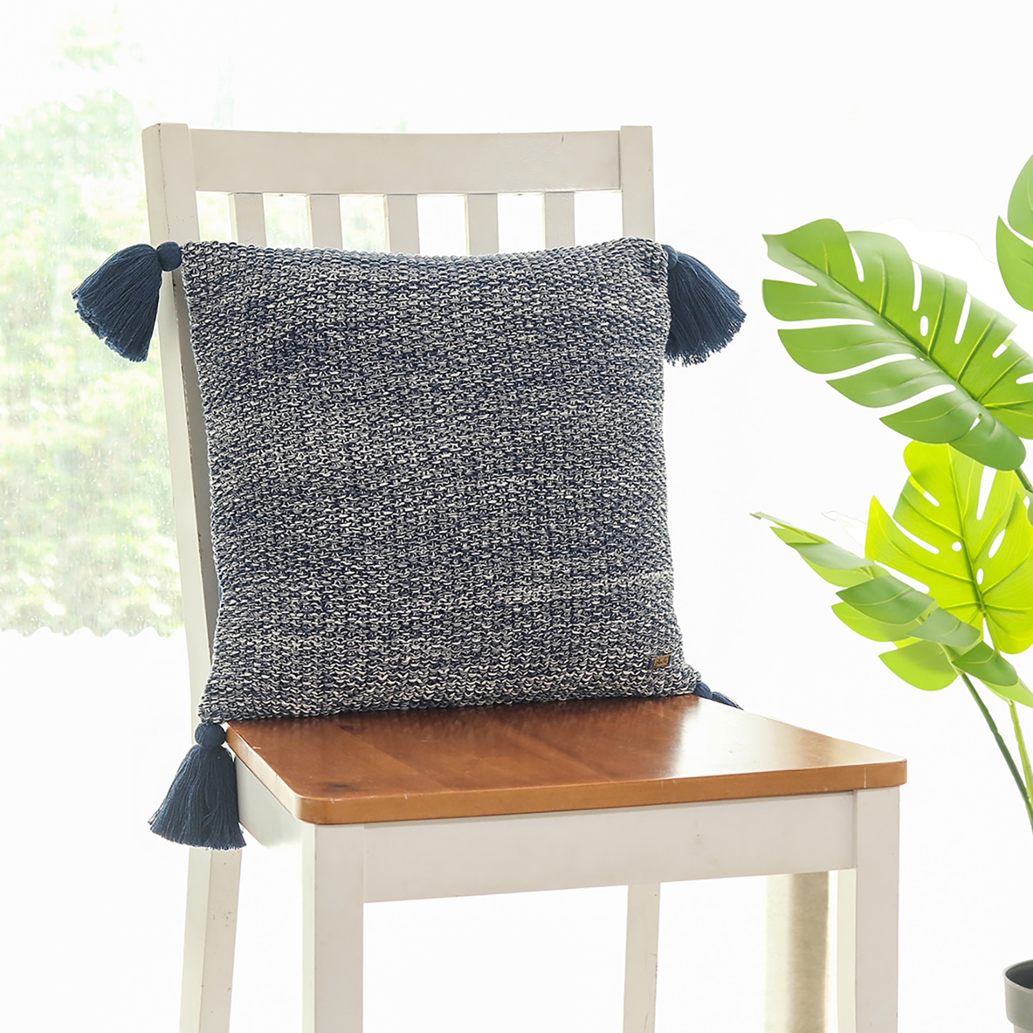 Moss Knit Navy  And Natural Cotton Cushion Cover 16X16 Inches - Pluchi