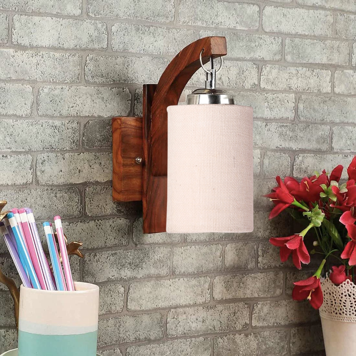 Devansh Solid Wood Electric Wall Light in Brown Colour with White Shade Count of 1 Light - Devansh