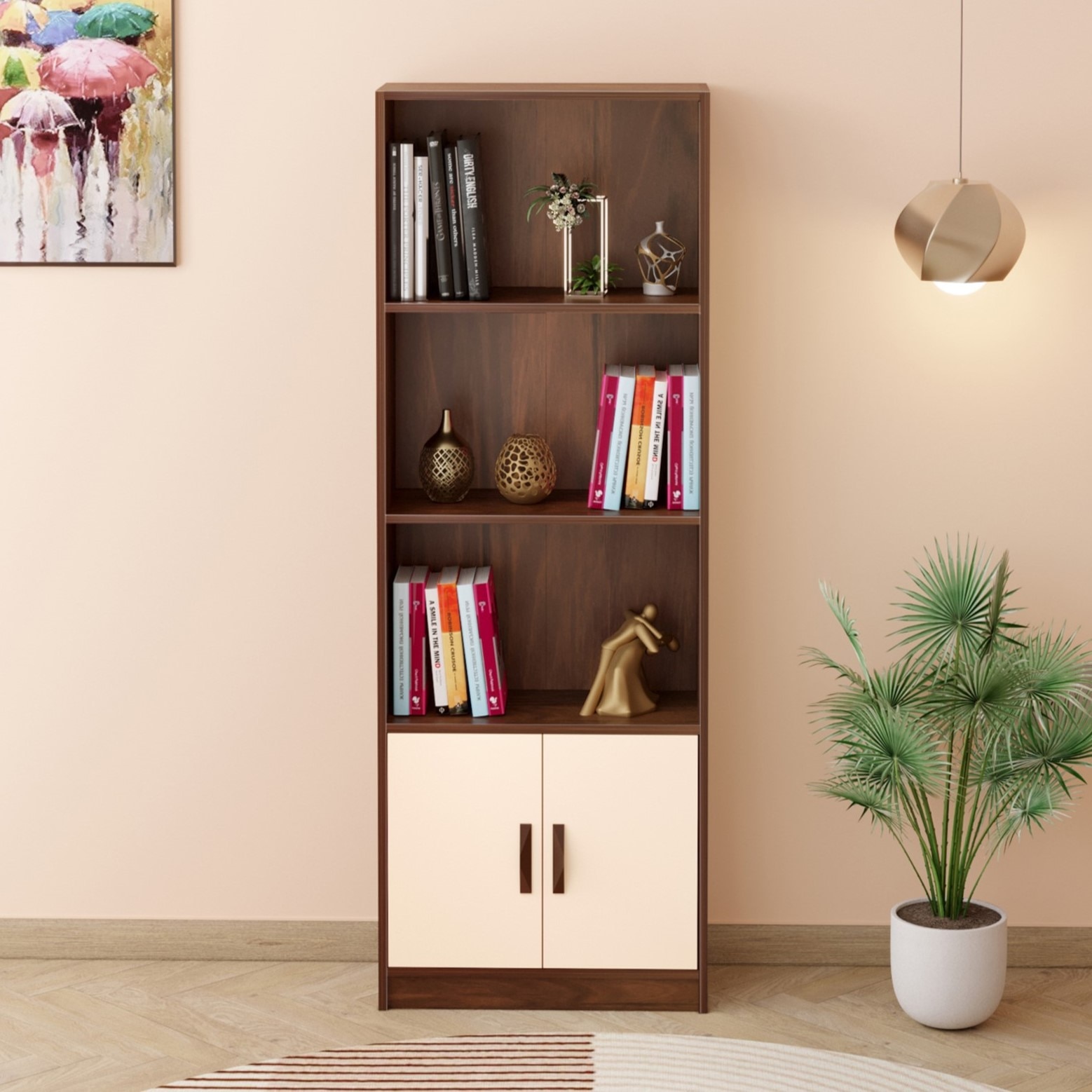 BLUEWUD Seonn Bookshelf Crockery Storage Cabinet, Book Rack Organizer with Shelves for D�cor Display & 2 Doors, Storage Unit for Office Library Home & Kitchen (Brown Maple & Beige, Without Drawer)