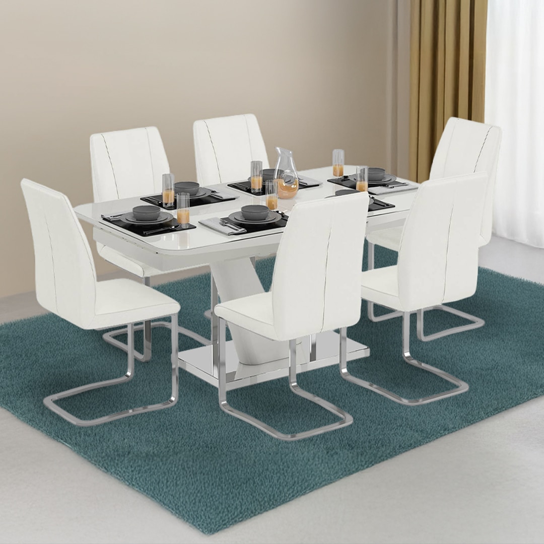 Caribu 4 To 6 Extendable Dining Table With 6 Seneca Chairs (Finish- White High Gloss) - Urban Ladder