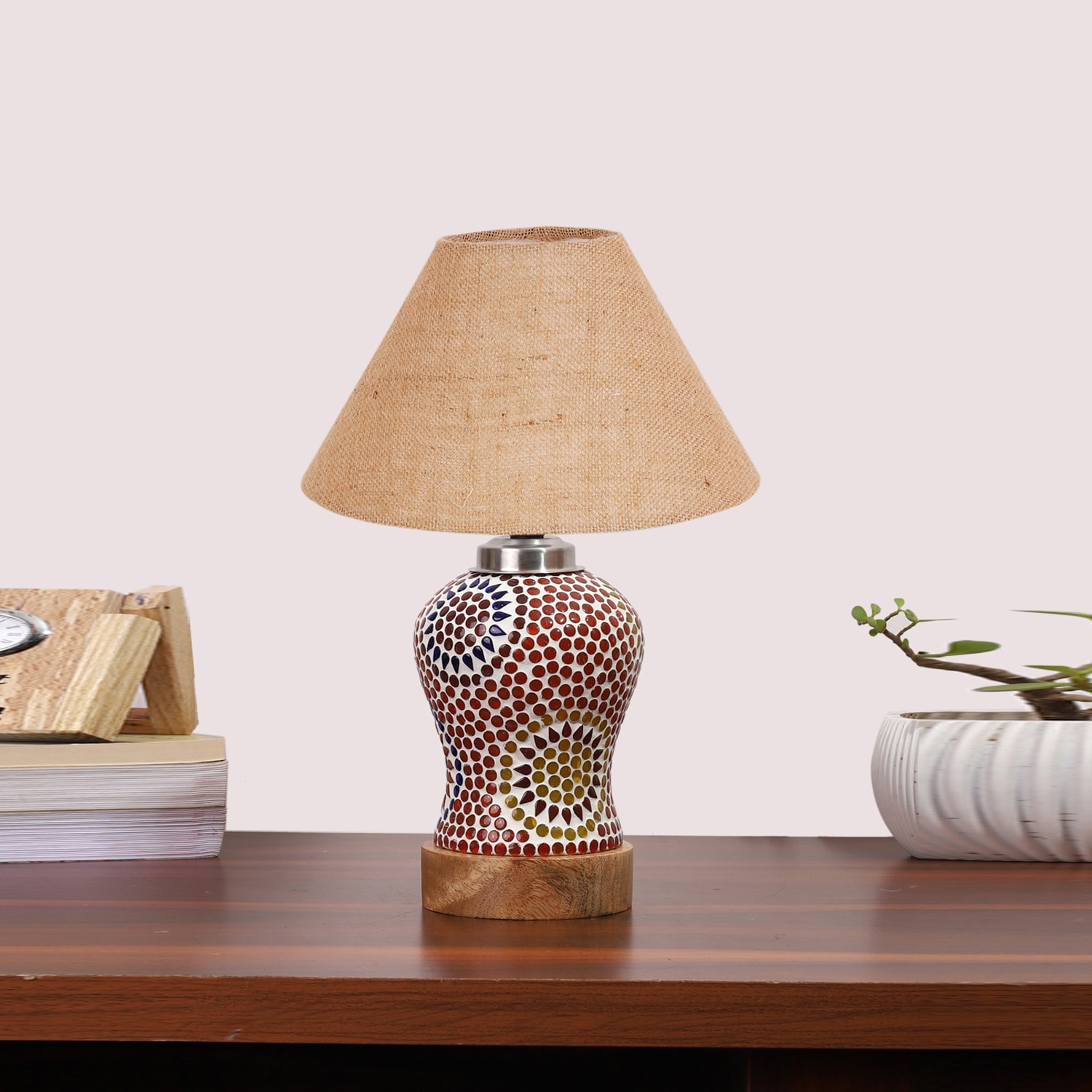 Devansh Conical Beige Jute Shade Lamp With Wood & Mosaic Glass Base For Decoration/Office/Home/Gifting/Study For Decoration/Office/Home/Gifting/Study -(10X10X14.5) Inches -A - Devansh