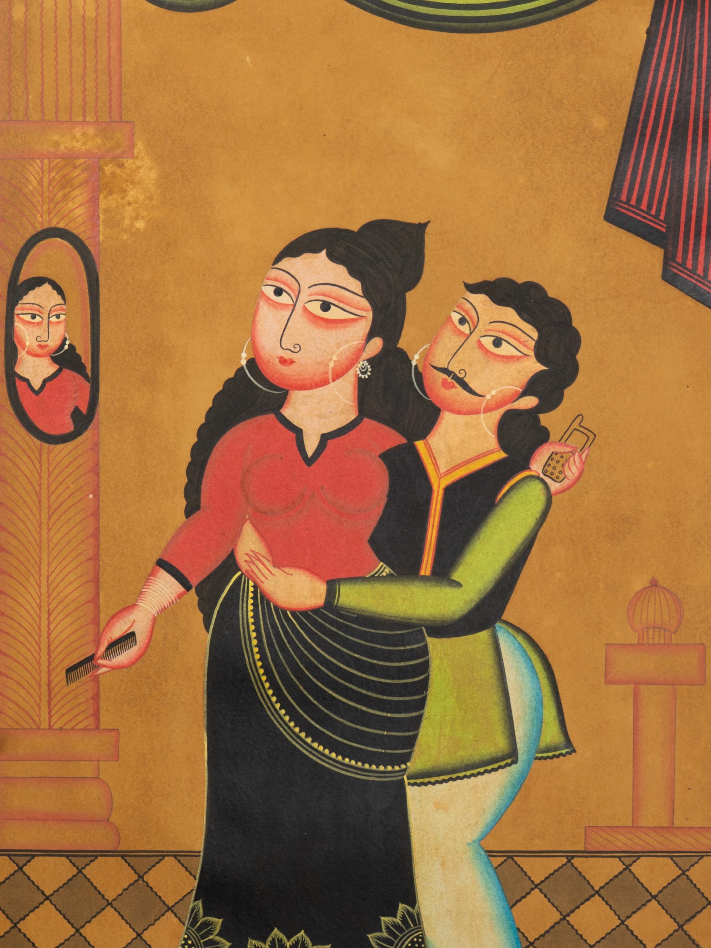 Detailed view of Kalighat Babu Bibi painting showing brushwork and colors