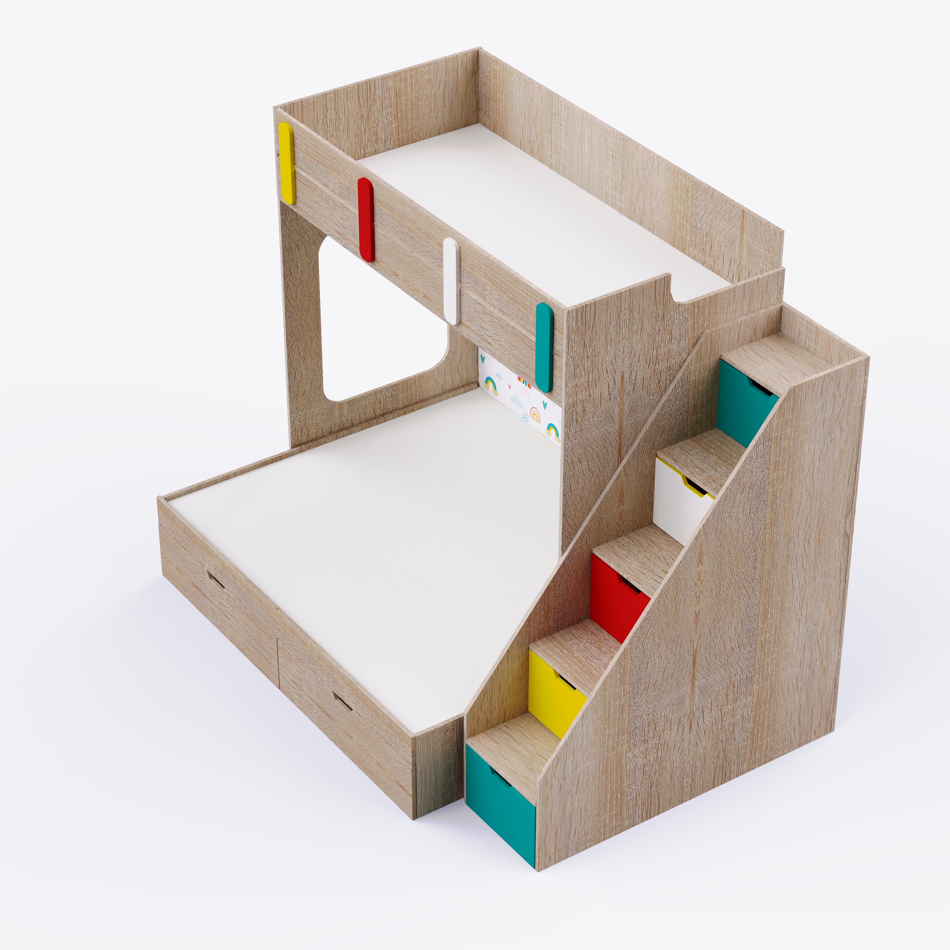 Pattern Dreams Bunk Bed  6X5 (Drawers On Wheels) In Oak & Teal Colour