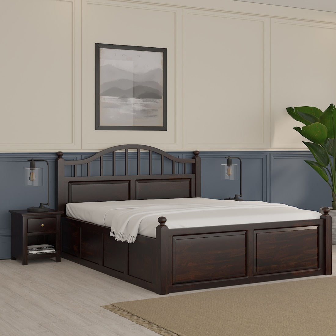 Syan Solid Wood King  Size Bed With Hydraulic Storage (Walnut Finish) - Woodenmood