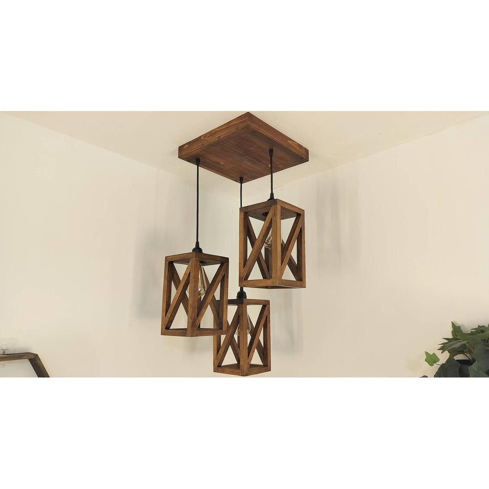 Symmetric Brown Solid Wood Cluster Hanging Light