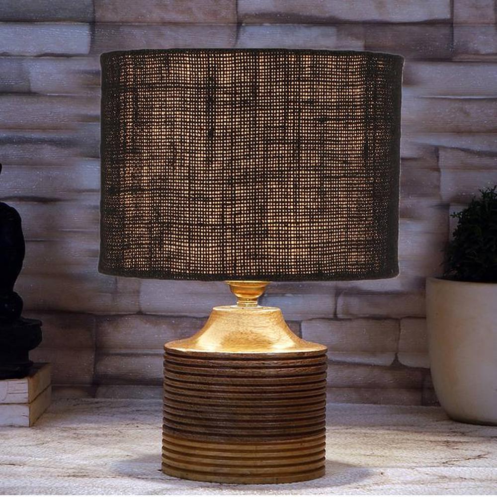 Cinderella Black Jute Table Lamp with Natural Wood Base