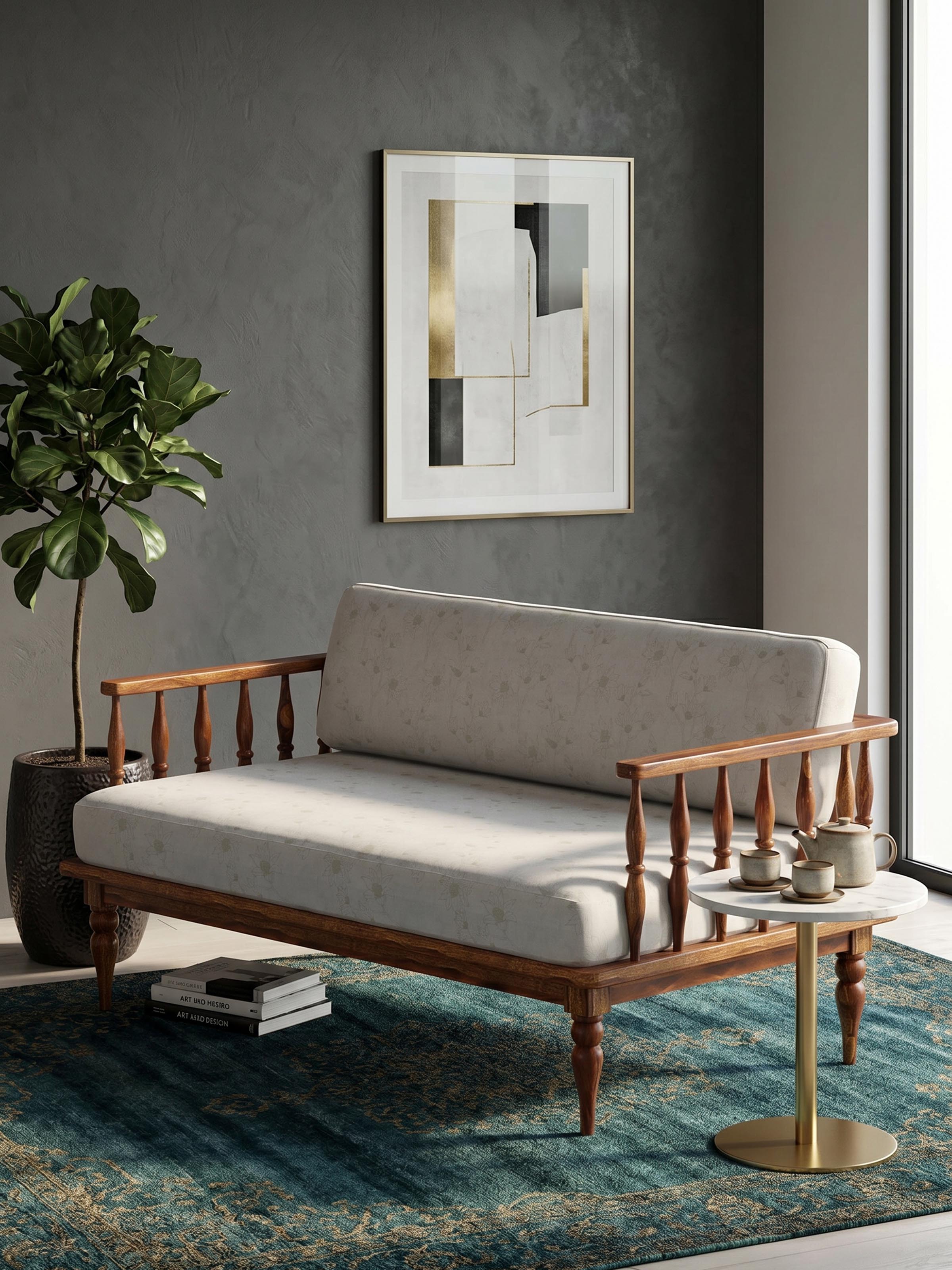 Natural Finish Upholstered Sheesham Wood 2-seater Sofa
