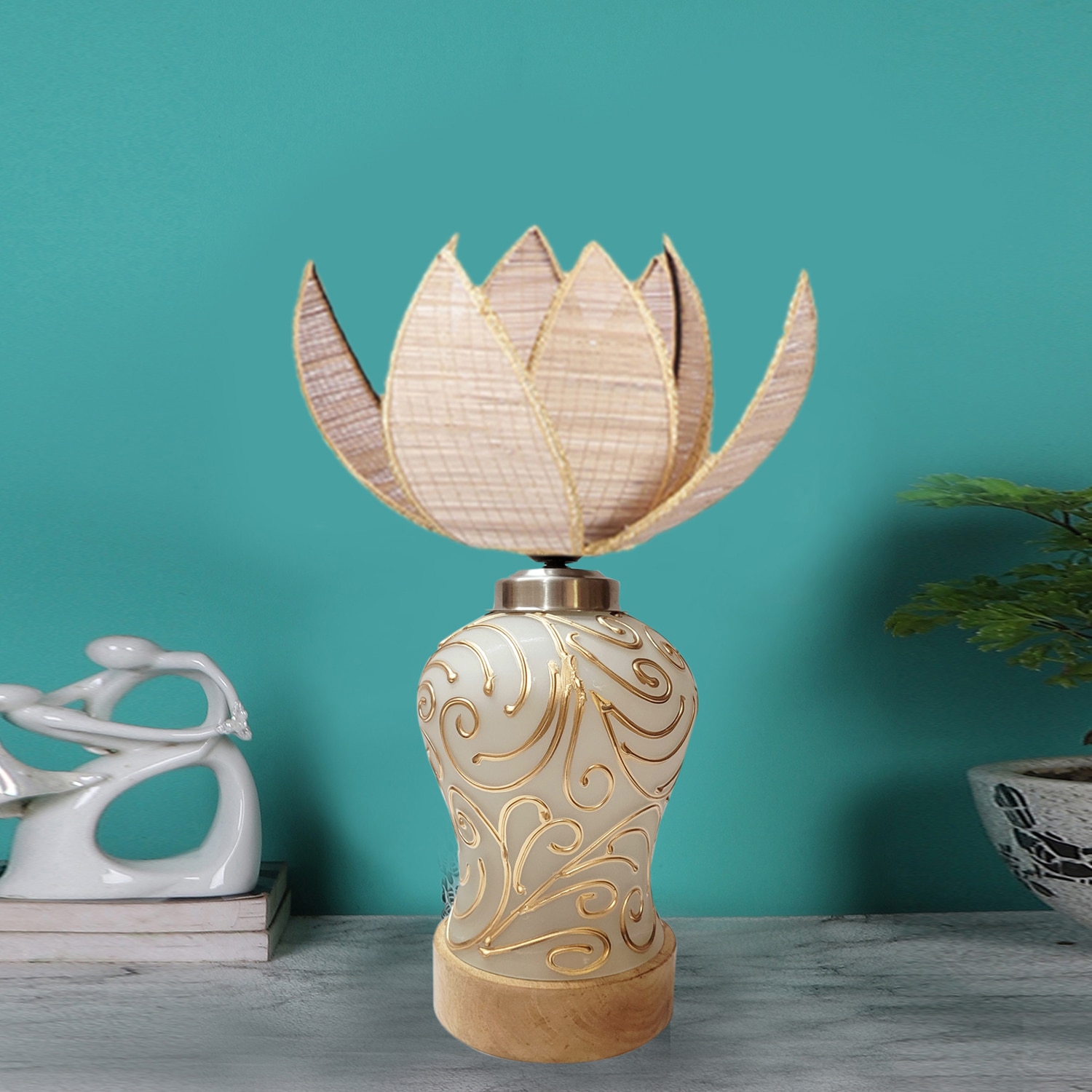Devansh Rose Bamboo  Shade  Lamp With  Wood & Mosaic Glass Base For Decoration /Office/Home/Gifting/Study For Office/Home/Gifting -(12X12X17.75) Inches - - Devansh