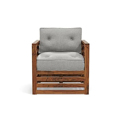 Raymond Wooden Sofa - Teak Finish (Vapour Grey) (Finish : teak; Custom Set - Sofas : 0001; Standard Set - Sofas : none; Sofa Material : fabric; Sofa Size : regular; Sofa Type : regular; Colour : vapour grey)