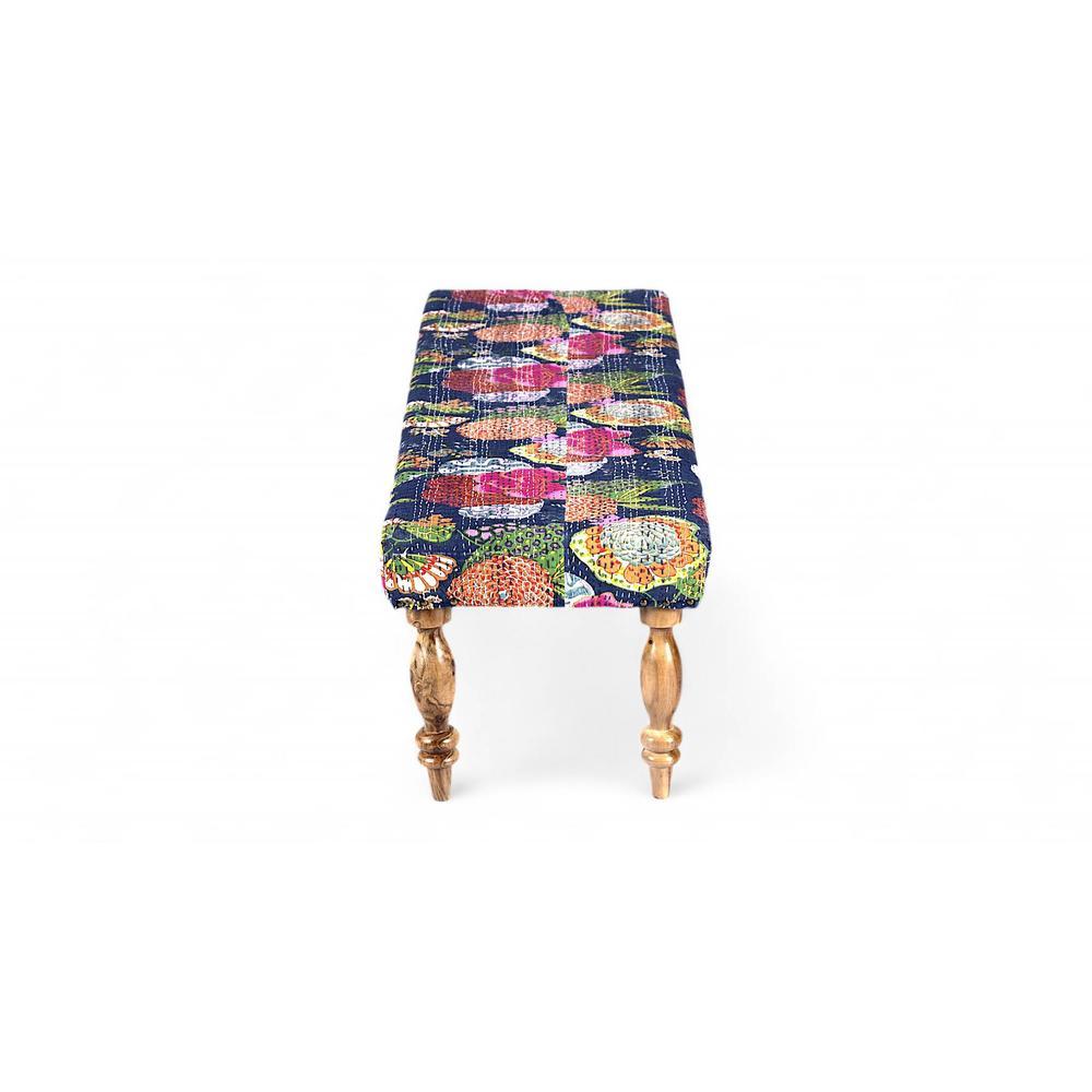 Cairo Sheesham Wood Mid Century 3 Seater Bench In Fruit Print Blue Kantha
