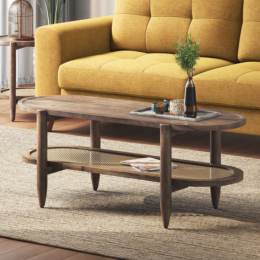 Tora XL Solid Wood And Cane With Glass Coffee Table In Danish Walnut Finish - Urban Ladder