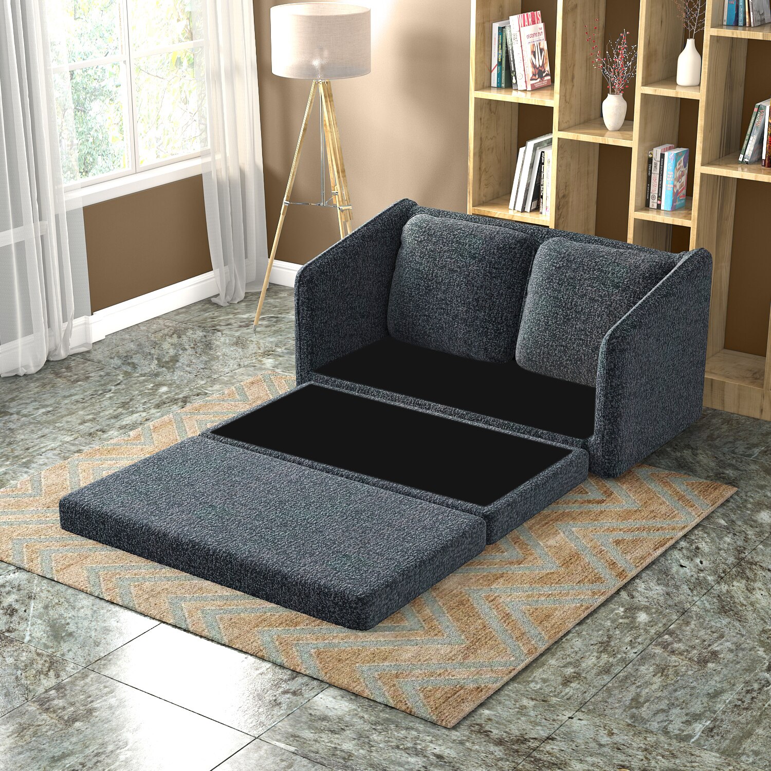Kobi 2 Seater Fold Out Sofa Cum Bed in Charcoal Haze Colour