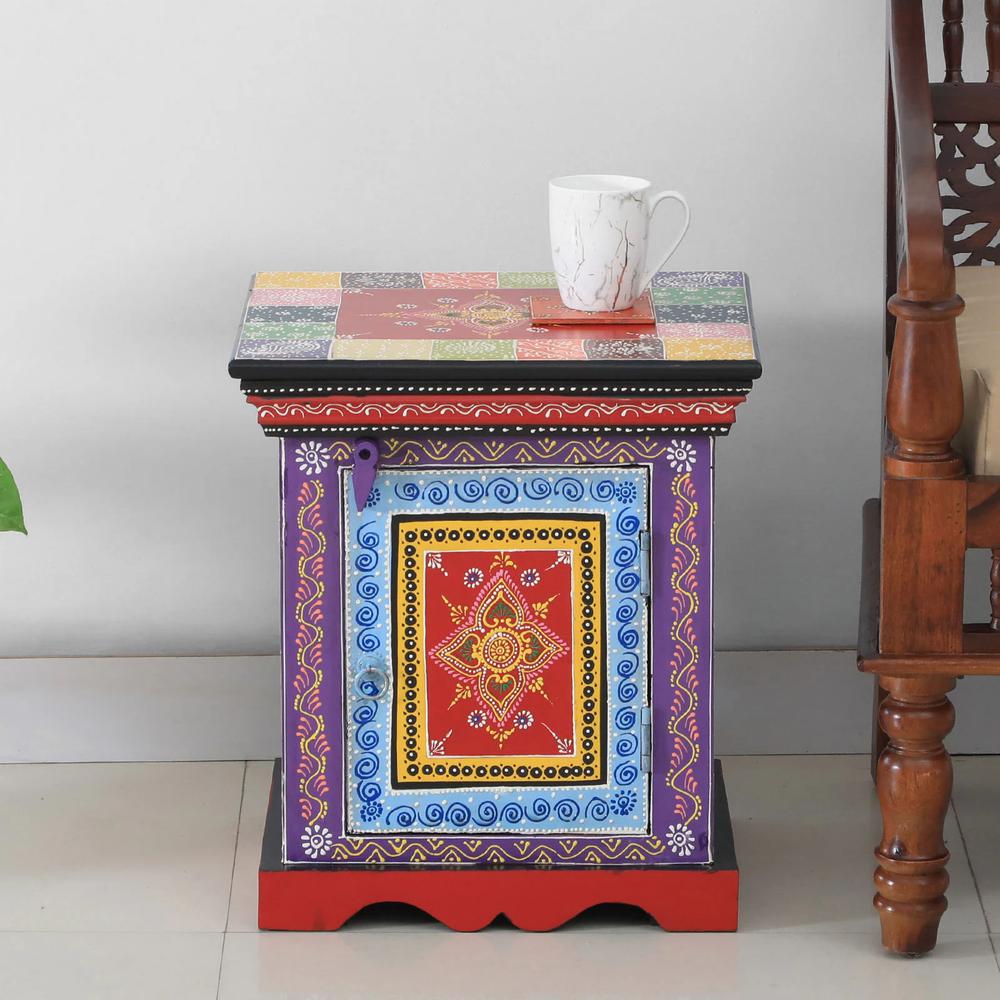 Theron Solid Wood Hand painted Bedside In Multicolour
