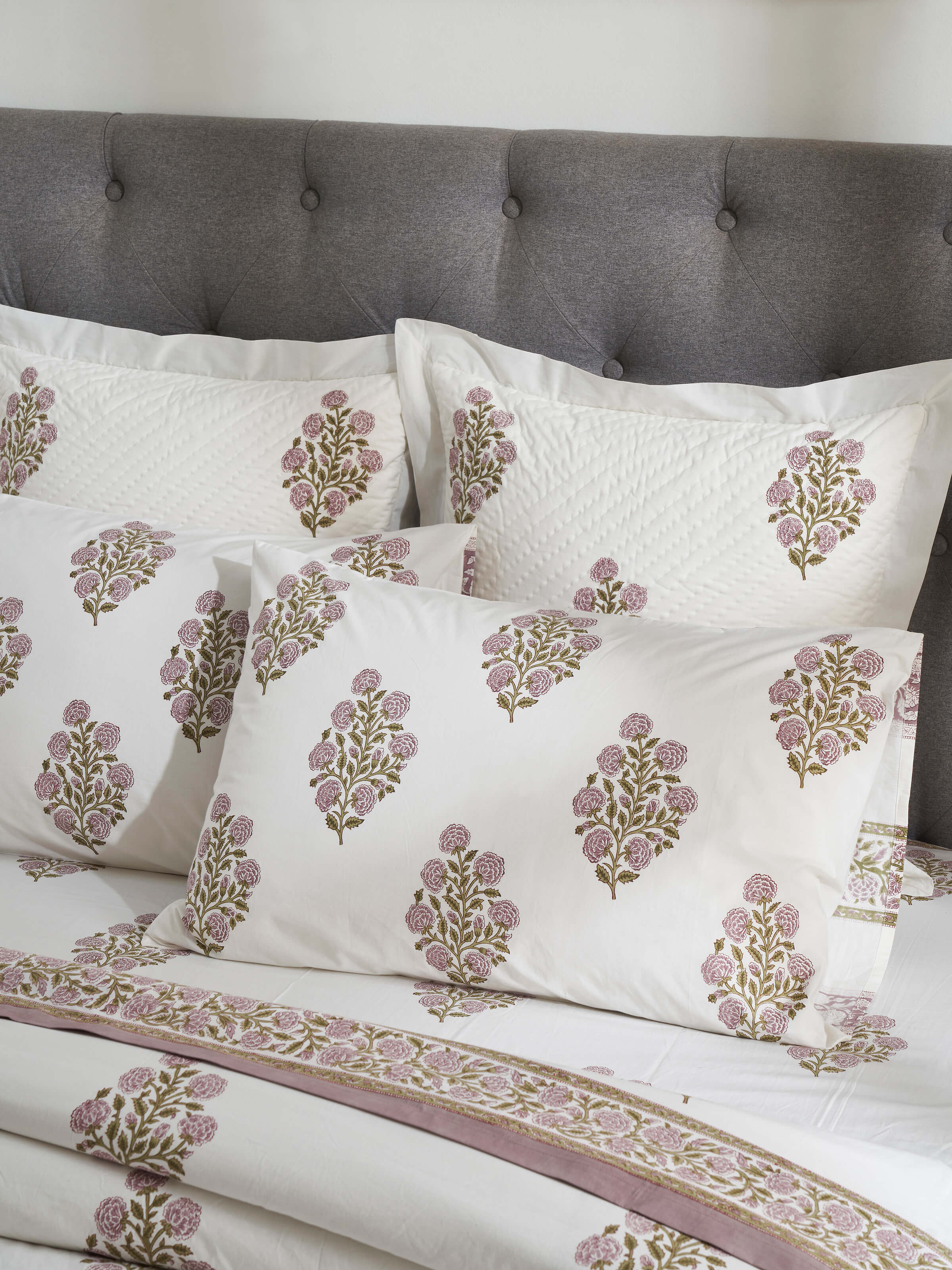 Side view of Saha Lavender Buta Cotton Sanganeri Block Printed Pillow Cases (2 pcs) highlighting the block print and fabric texture.