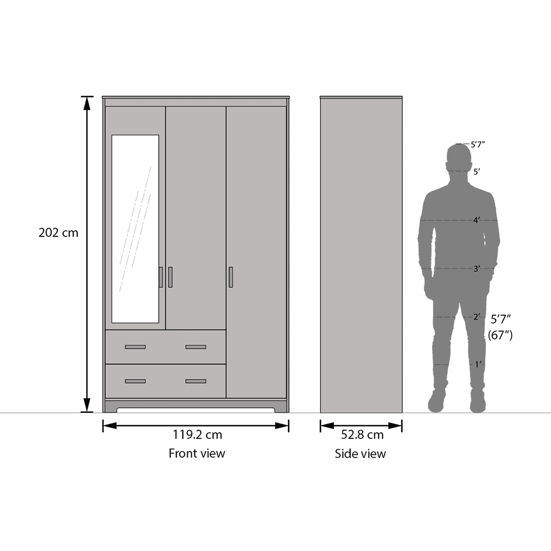 Hilton 3 Door 3 Drawer Wardrobe With Mirror and Lock in Chestnut Acacia Finish