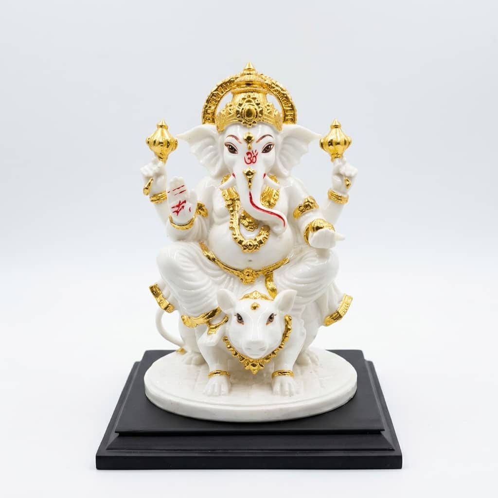 Devotional Regal Vinayaka Ganesha Statue in White Colour - Vedas