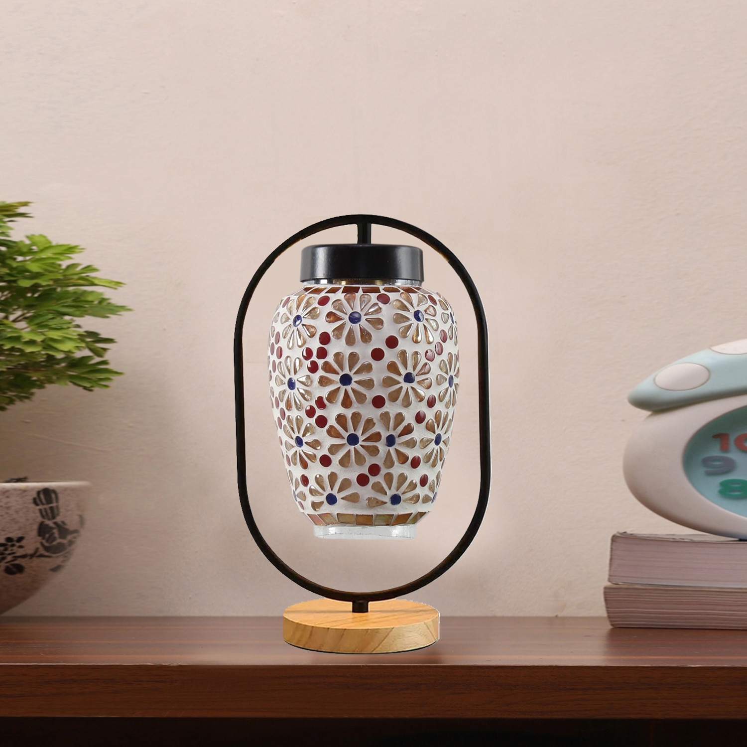 Devansh Multicolor Glass Wooden & Iron  Table Lamp -17 Inch Height  -Z - Devansh