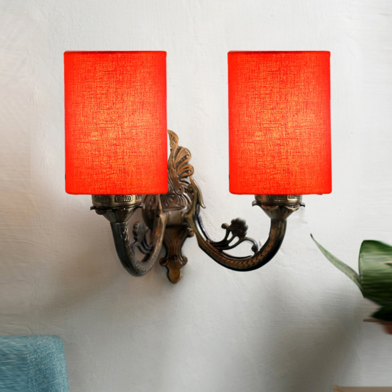 Devansh Metal Electric Wall Light in Antique Gold Colour with Orange Shade Count of 2 Lights - Devansh
