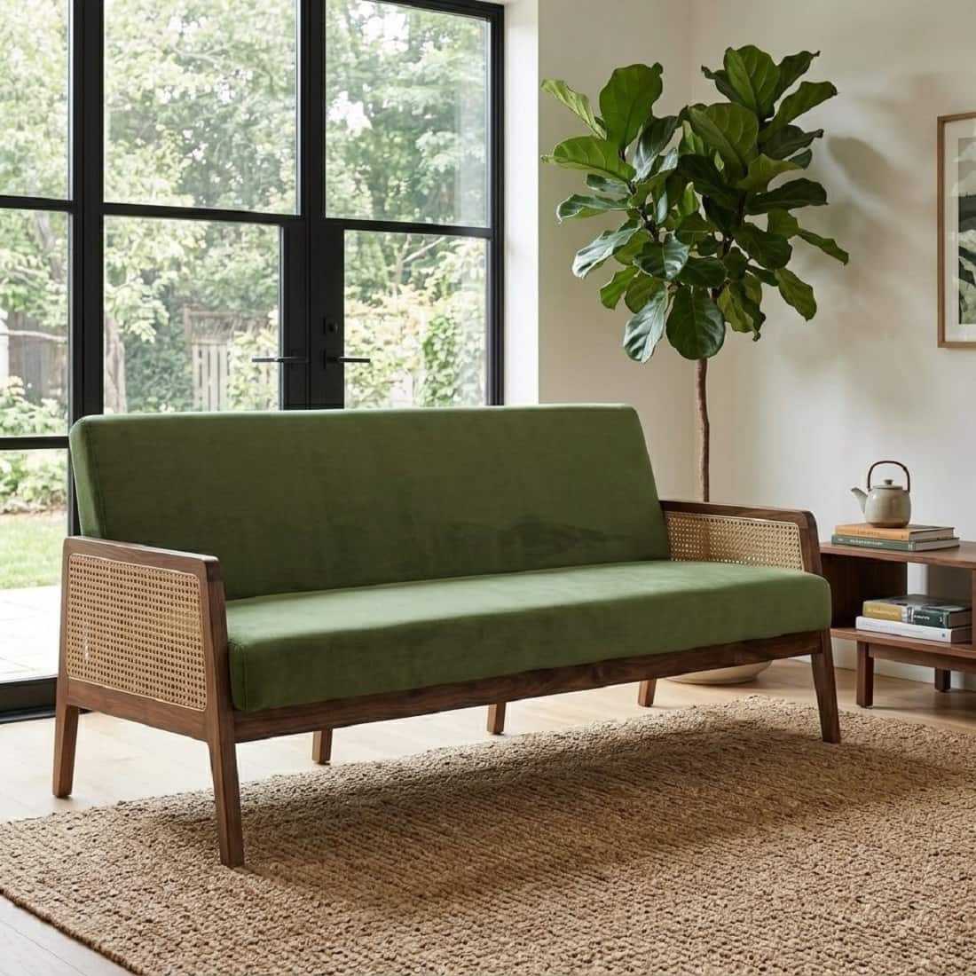 Ginni Solid Wood Ratan 3 Seater Designed Sofa In Teak Finish - Demiwall