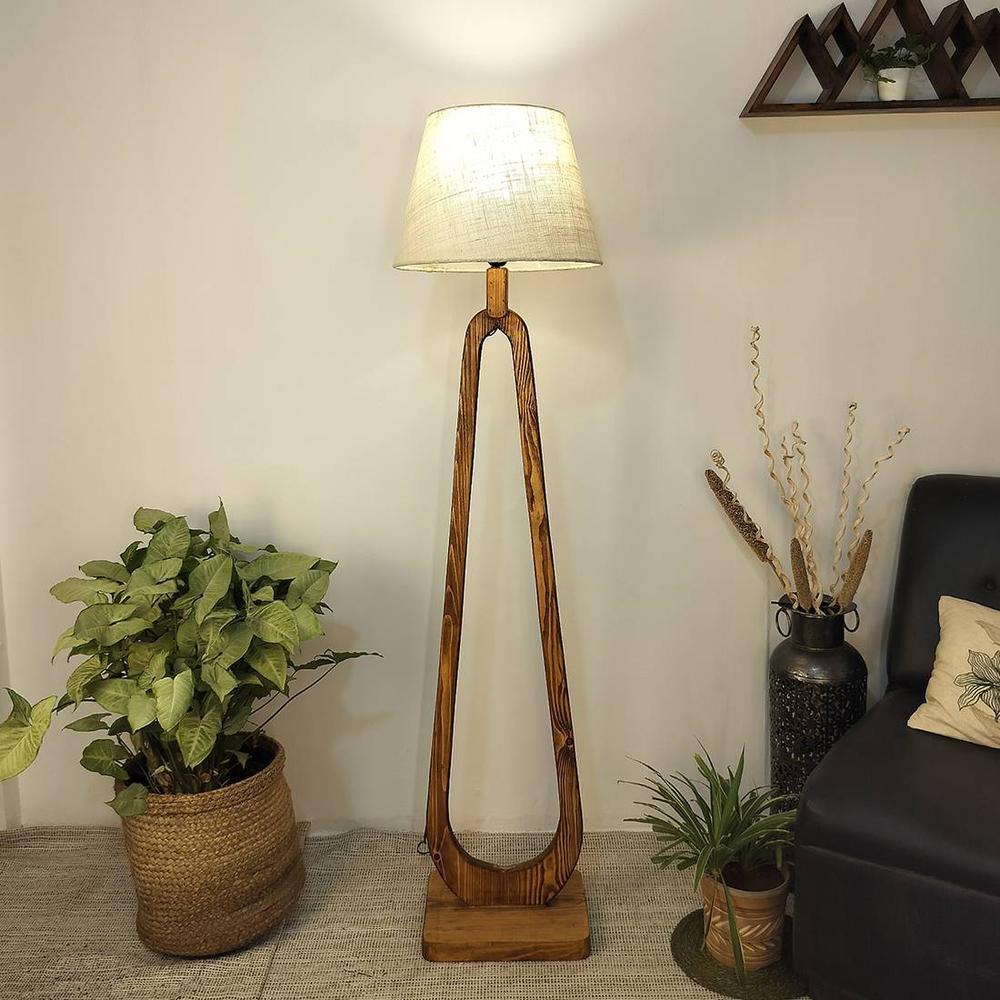 Cavern Wooden Floor Lamp with Brown Base and Jute Fabric Lampshade
