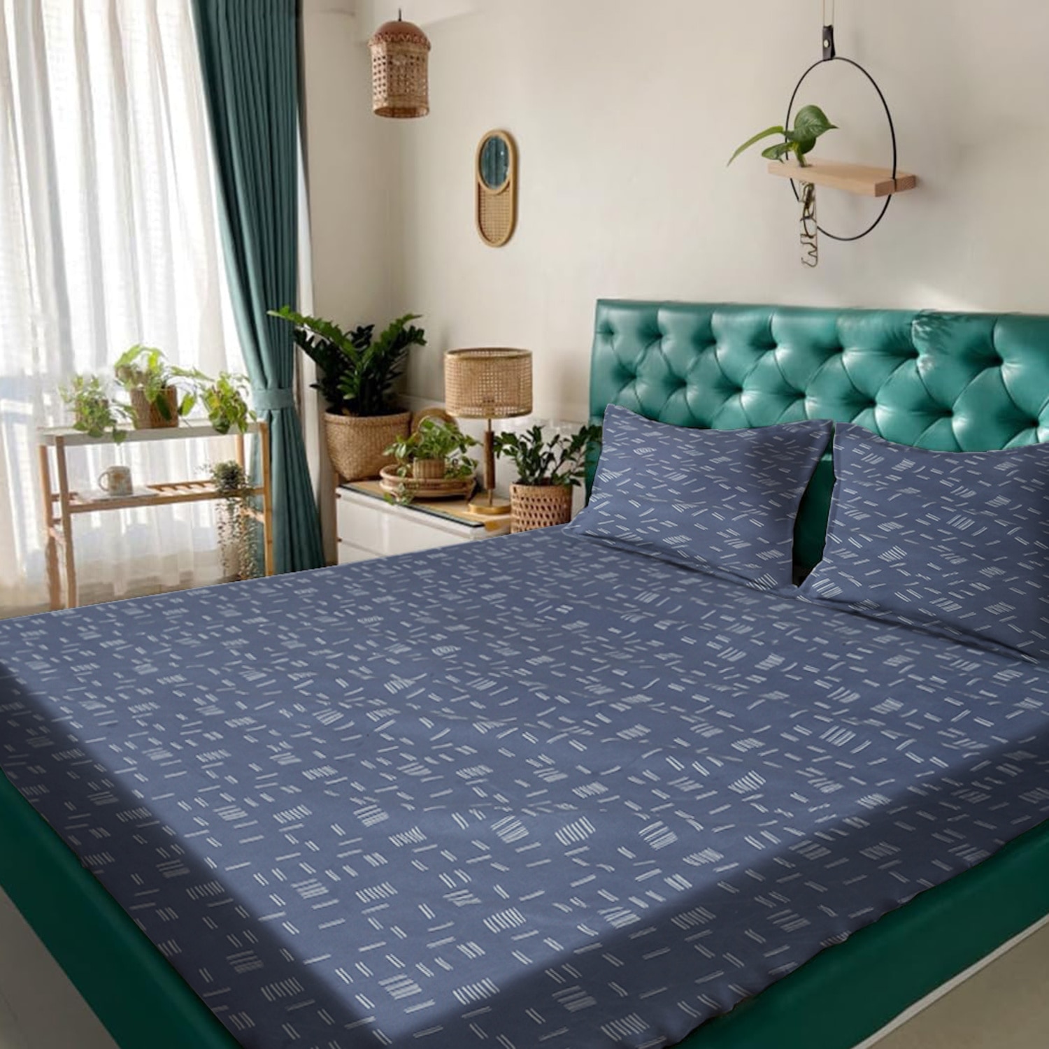 Blue Abstract 180 TC Fitted 1 King  Bedsheet with 2 Pillow Covers