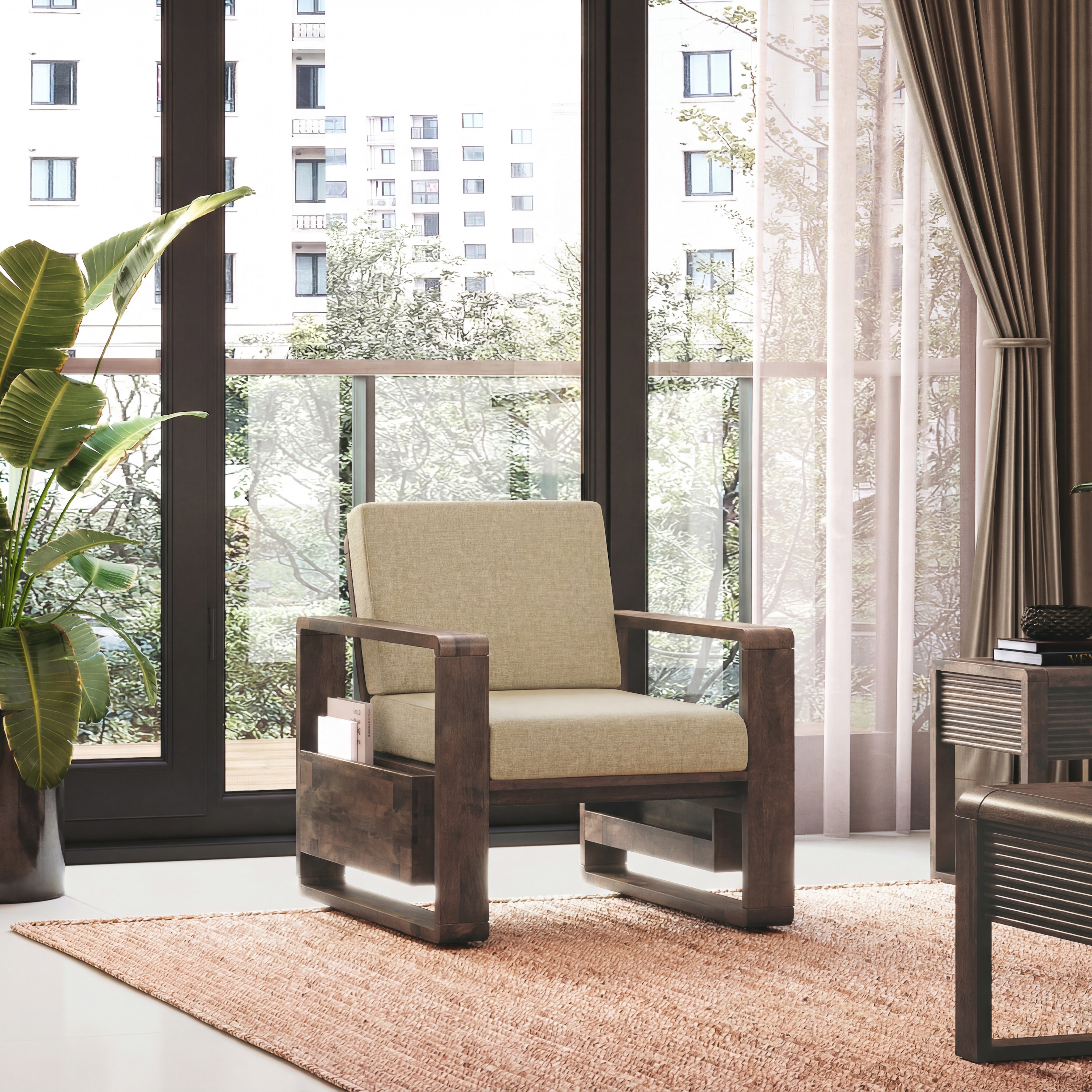 Moreno 1 Seater Solid Wood Sofa in Danish Walnut Finish and Almond Beige Fabric - Urban Ladder