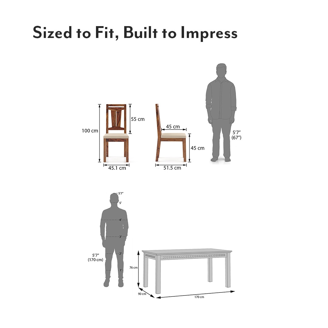 Fidora 6 Seater Dining Table With Martha Dining Chairs Set Of 2 (Colour- Wheat Brown, Finish- Teak)