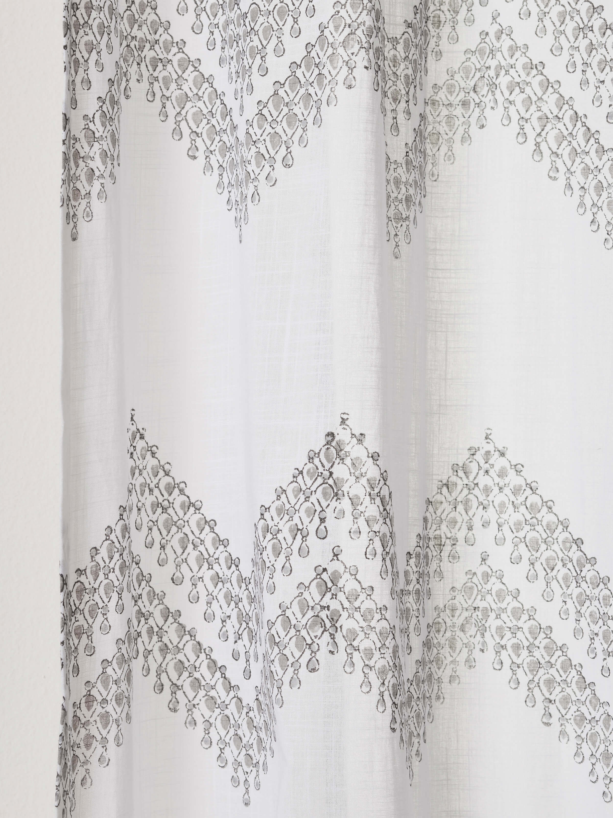 Close-up showing hand block printed chevron pattern on soft cotton fabric.