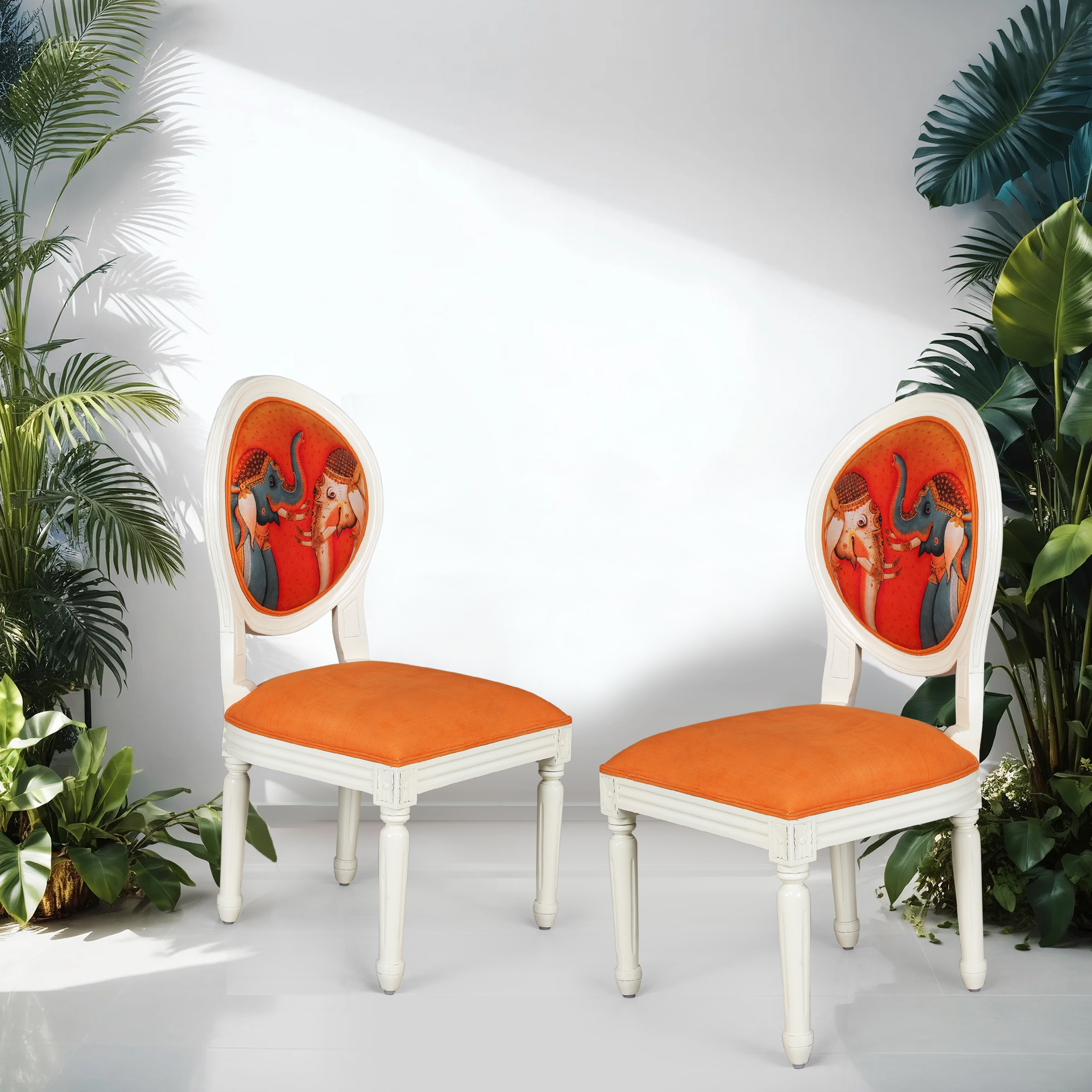 Traditional Solid Wood Accent Chair in Orange Colour - Globally Indian