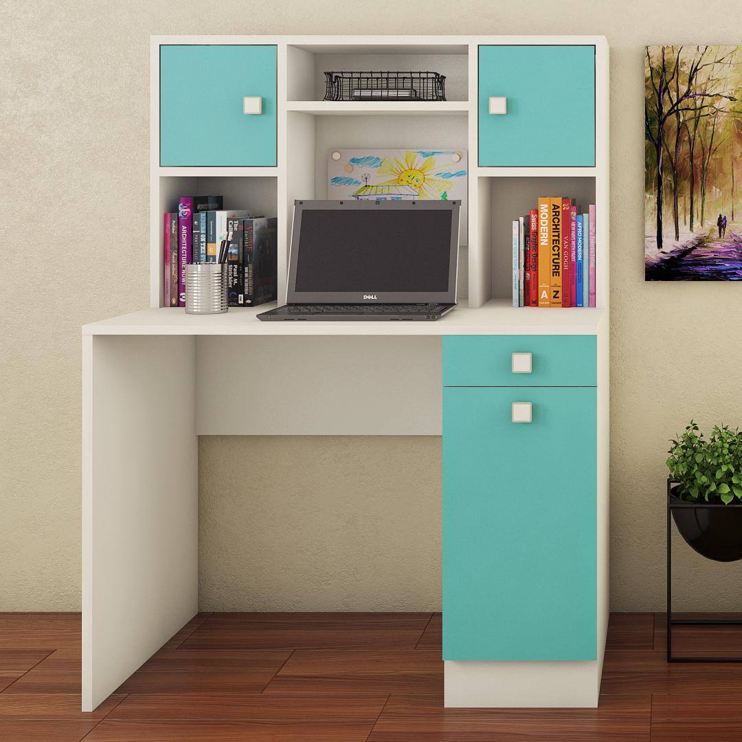 Minerva Kids Study Desk with Drawer Cabinets and Built in Bookshelf in Misty Turquoise Colour